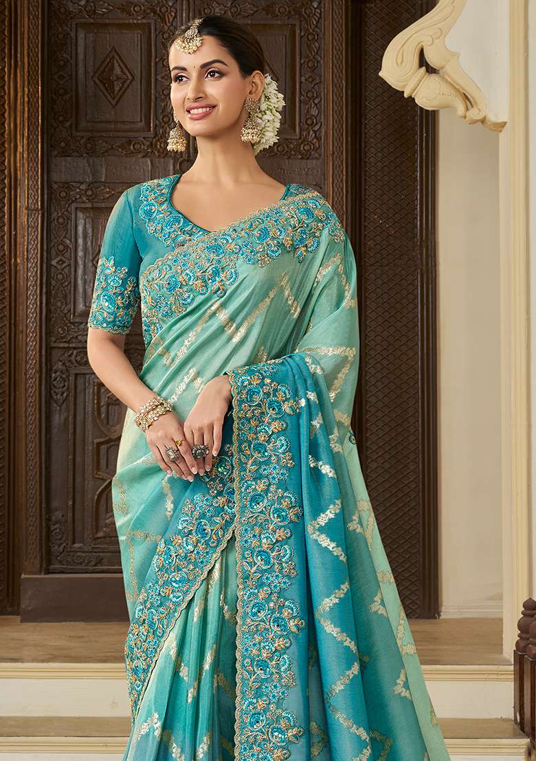 Sky Blue Embroidered Silk Blend Saree Set - Indya